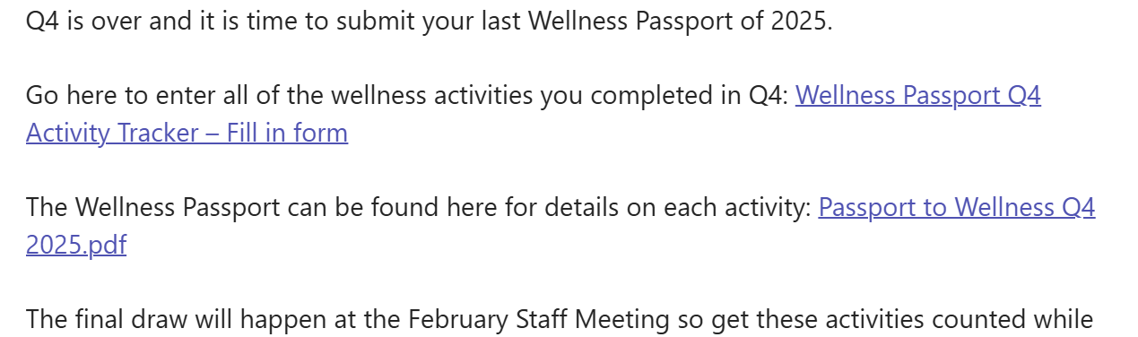 An "All Staff" Teams message asking staff to submit their "Q4 wellness activities" via an "activity tracker form"