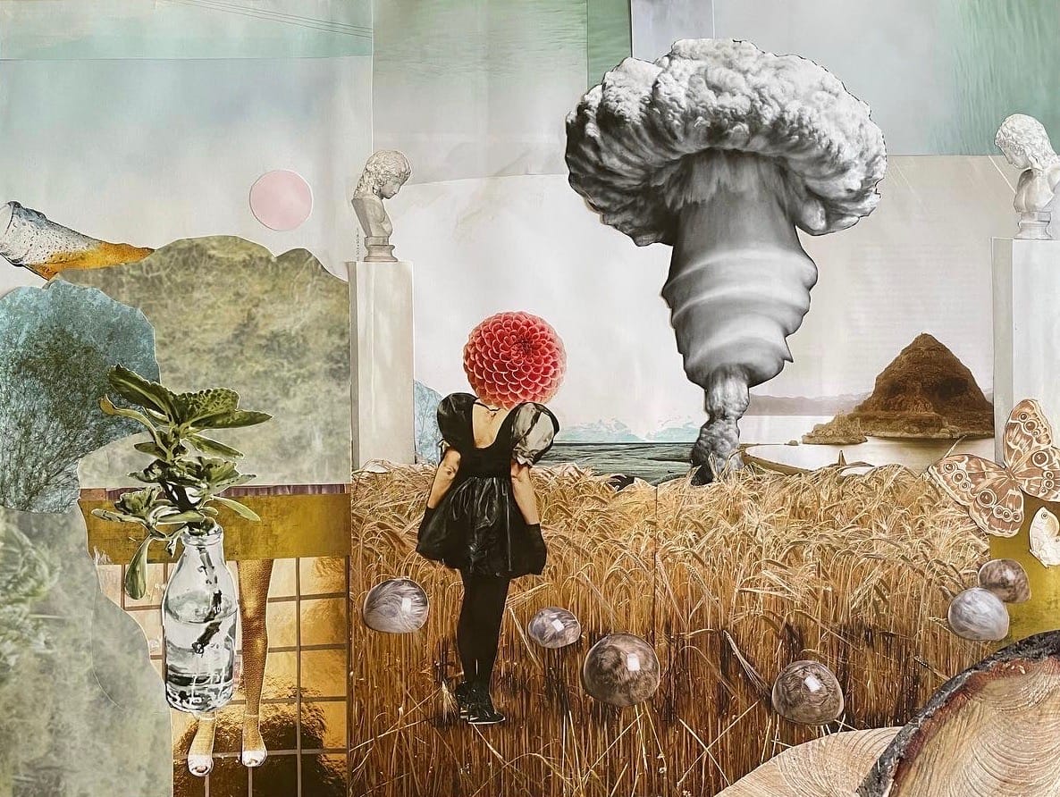 A woman standing in a wheat field with a dahlia for a head, observing an atomic mushroom cloud.