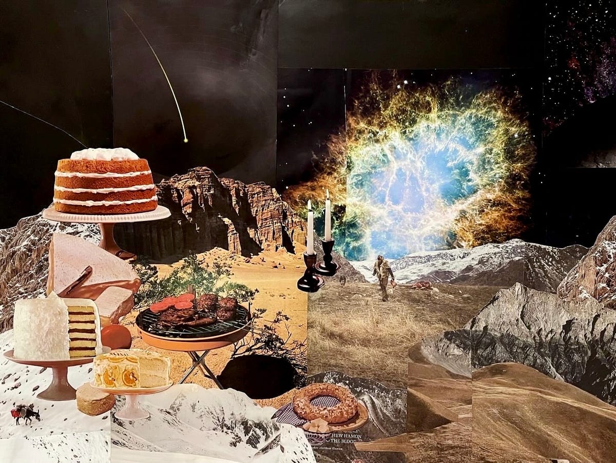 A collage of images including a dark space background, a nebula on the horizon with a man walking out, mountains, cakes, retro BBQ.