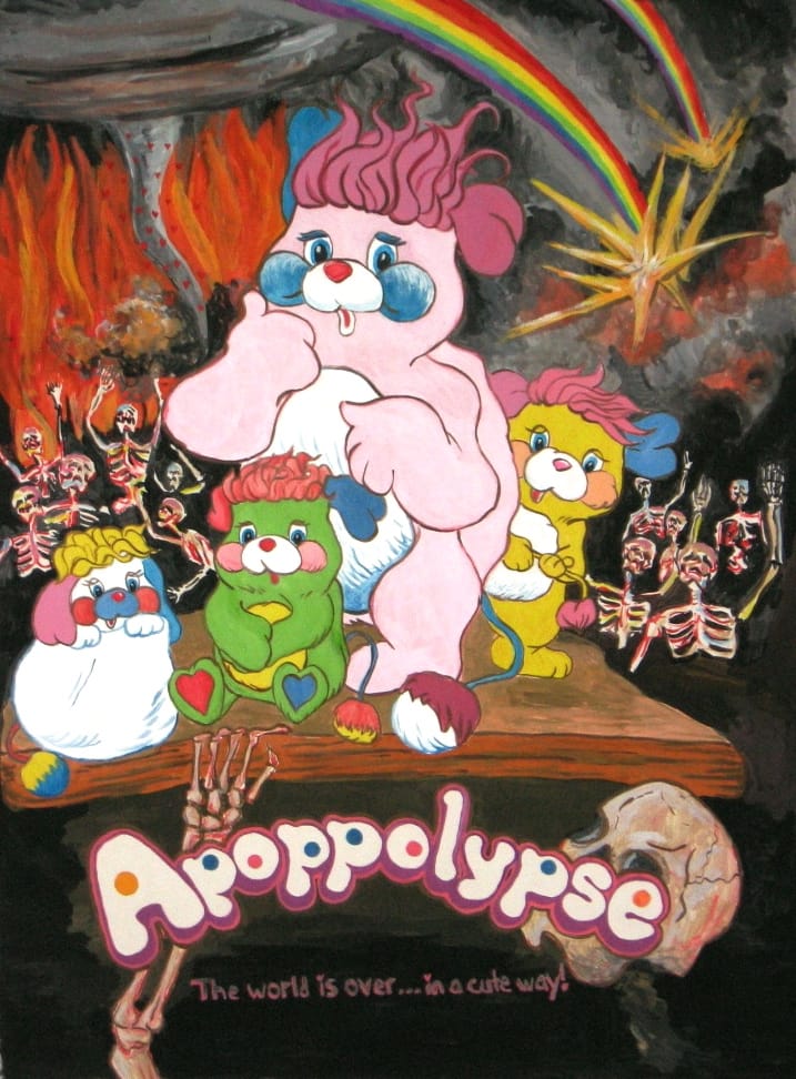 A painting of popples with an apocalyptic background and the words "apoppolypse: the world is over...in a cute way!"