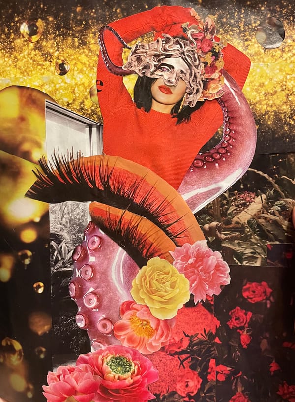 A female figure in the center, images of flowers, eyelashes, and champagne bubbles around her.