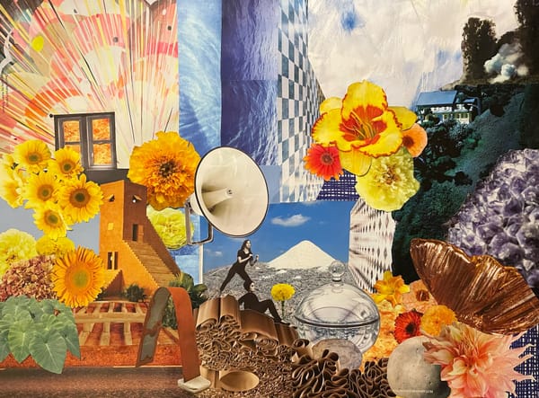 A collage of images including flowers, water, blue sky, and a small stone building. Two small female figures are int he centre.