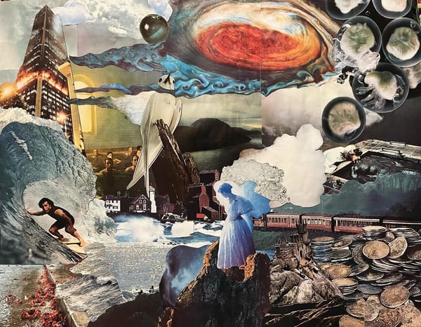 A collage of images including a woman in the foreground, a surfer, a dove, Jupiter's storm, a building on fire, jellyfish, coins, a train, and men swimming in water.